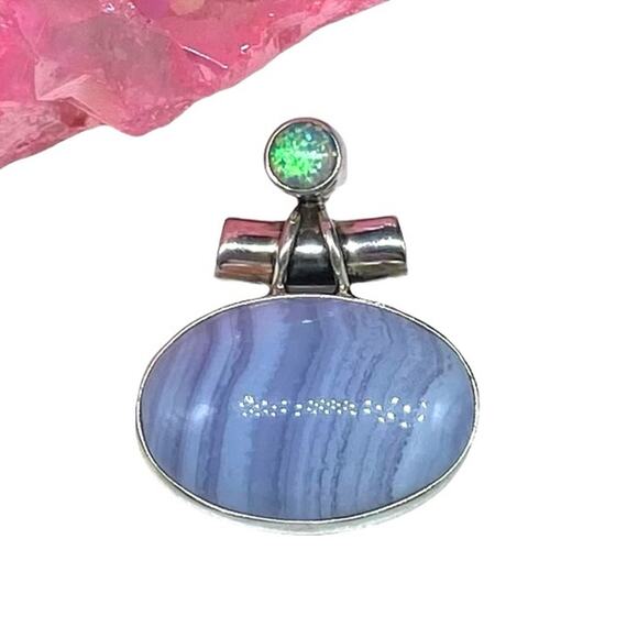Blue Lace Agate & Fire Opal Necklace Pendant Solid 925 Sterling Silver Boho Oval - Picture 1 of 4